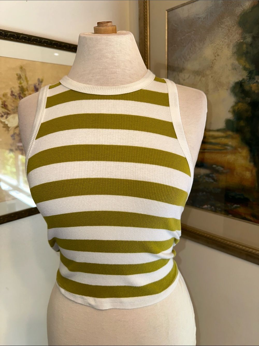Anthropologie Maeve Striped Olive Green and White Ribbed Tank Top - Size Small
